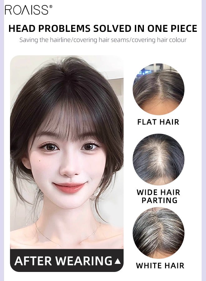 roaiss Invisible Hair Topper with Bangs for Women, Air Bangs with Clips on in French Style, Silk Inner Net Hair Pieces for Women with Thinning Hair Hair Loss Cover Gray Hair, Natural Black, 7x9cm - Image 5