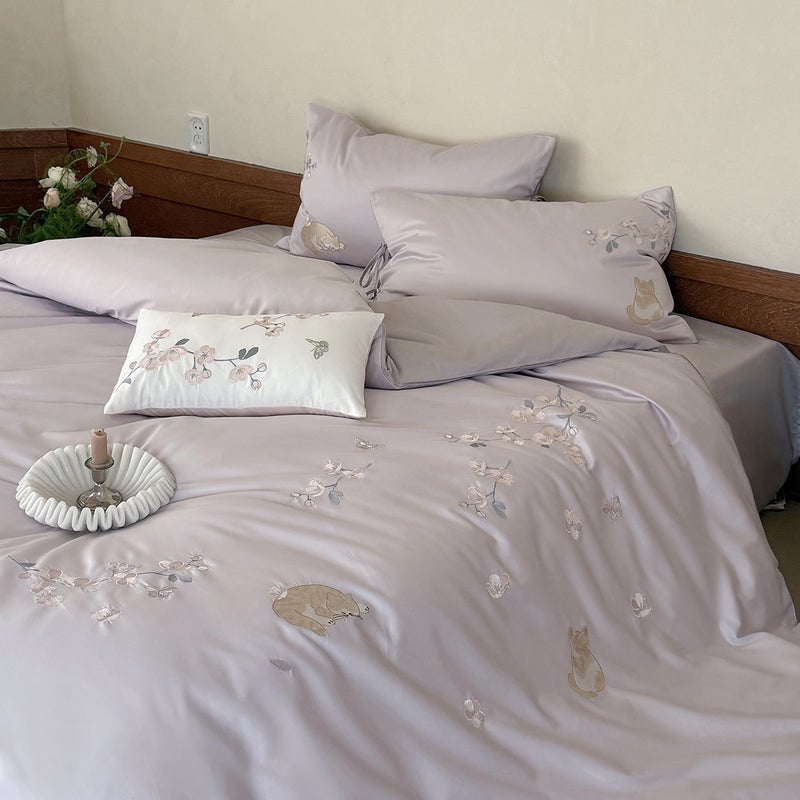 Cat Resting - Purple Bed Sheet Set, 4-Piece, 100S Thread Count, Adorable Cat Design, Breathable & Skin-Friendly for All Seasons - Image 1