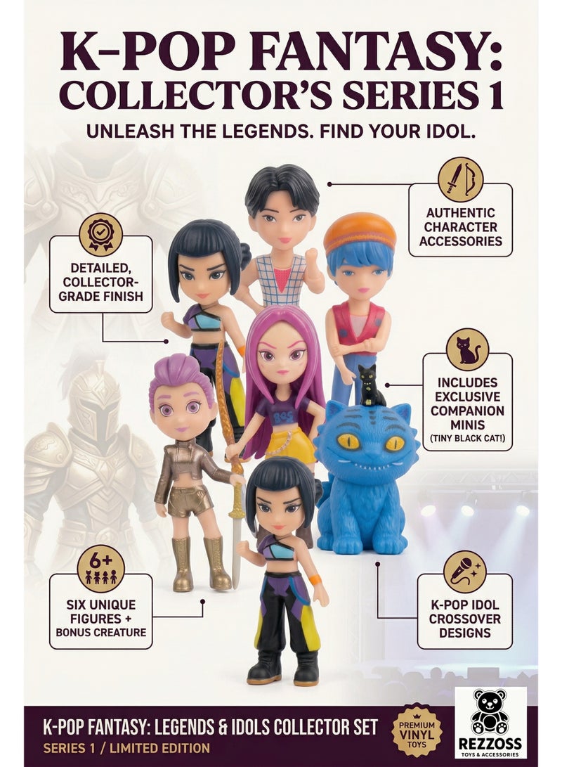 REZZOSS K-POP Demon Hunters 5+1 Pcs Collector Figures Set – Chibi Style Idols & Fantasy Legends with Bonus Blue Cat & Weapons | Fashionable Doll Character Toys for Kids Girls & Boys | Best Birthday & Eid Gift for K-Pop Fans Ages 3+ - Image 2