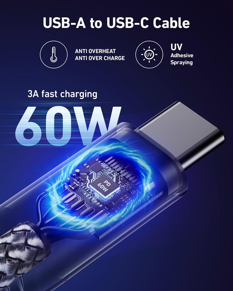 ohbox Short USB A to USB C Cable 3FT, USB C Fast Charging Cable, Durable Braided USB to USB Type C Cord for Car iPhone USB C Charger for iPhone 17/16/15/Pro Max/Plus, Samsung Galaxy S23 and More-2Pack Gray - Image 2