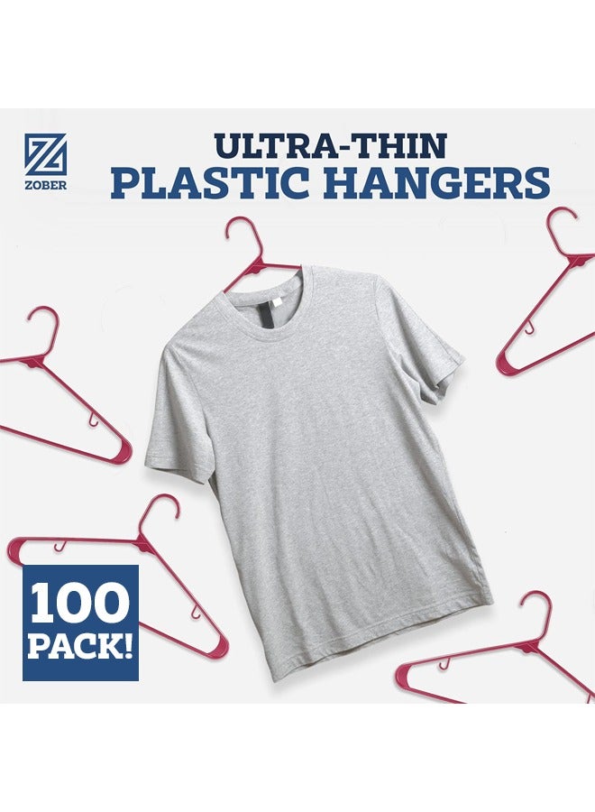 ZOBER Plastic Hangers 100 Pack - Burgundy Plastic Hangers - Space Saving Clothes Hangers for Shirts, Pants & for Everyday Use - Clothing Hangers with Hooks - Image 2
