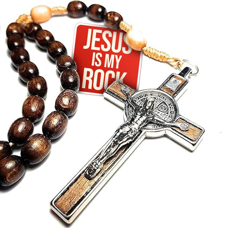 SANCTUM VERITAS Made in Italy Rosary Blessed by Pope Francis Vatican Rome Holy Father Medal Cross Saint Benedict Patron Saint of Students Honor Veterans US Army solders Addiction Dependence Brown
