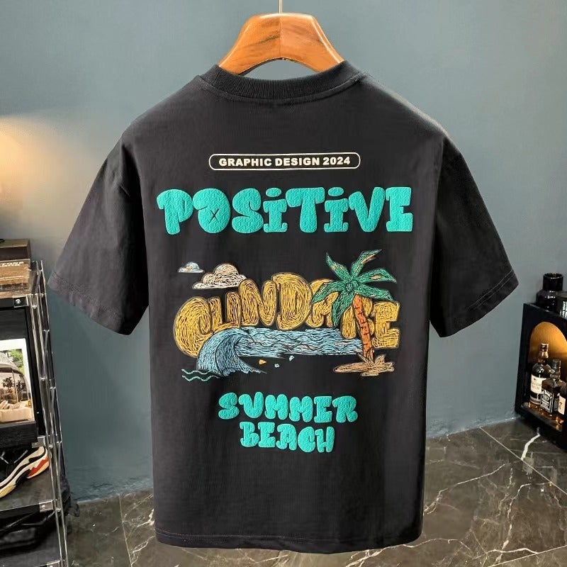 Breathable Short-Sleeved T-Shirt Boys Casual Handsome Shoulder Printed Top Instagram Popular T-Shirt - Image 2