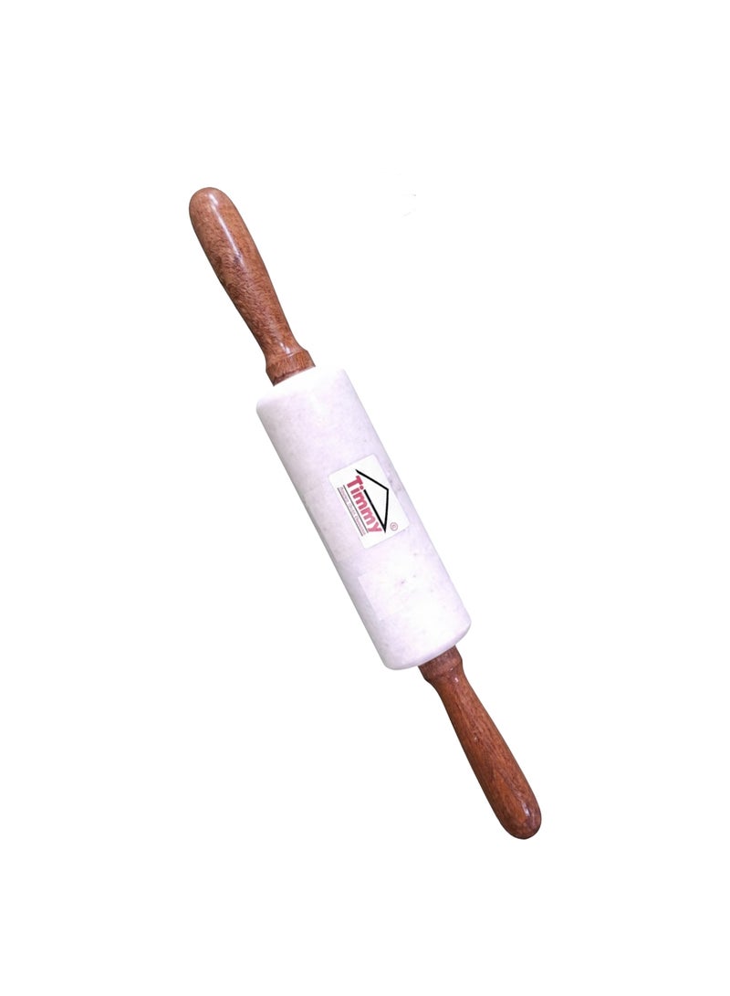 TIMMY Marble Belan with Wooden Handle White - Heavy Duty Rolling Pin for Roti, Chapati, Paratha, Dough - Smooth Stone Roller Kitchen Tool for Precise & Even Rolling, Durable Construction, 1pc