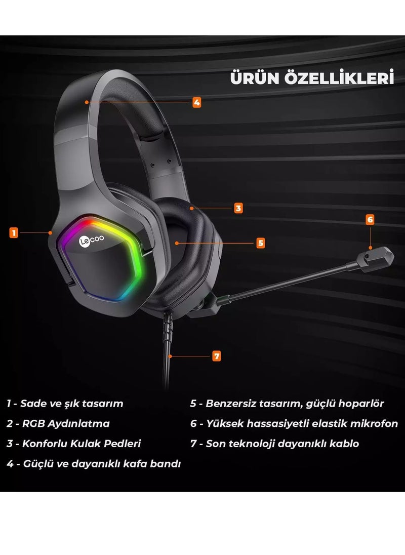 lecoo - HT403 RGB USB Gaming Headset - 50mm Audio Driver - Adjustable Headband - Realistic Sound Quality - Easy Control inline volume control - Image 1