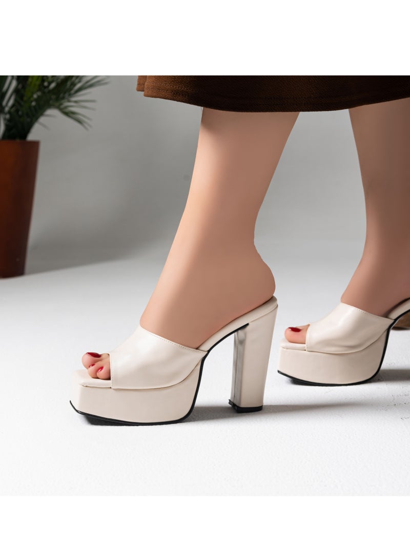 شبشب كعب جلد انيق X-10 - بيج