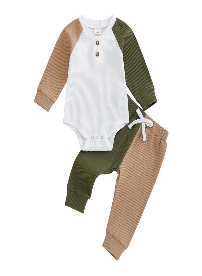 Thorn Tree Newborn Baby Boy Clothes Ribbed Button Crewneck Romper Stretchy Long Pants Contrast Color Outfits (Green Khaki Set,12-18 Months) - Image 1
