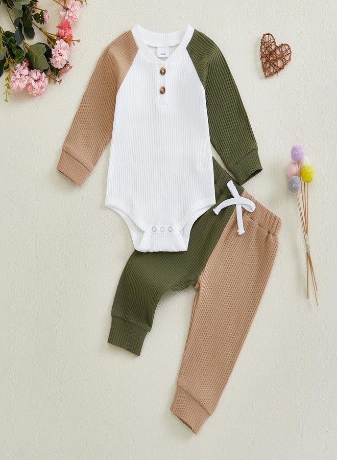 Thorn Tree Newborn Baby Boy Clothes Ribbed Button Crewneck Romper Stretchy Long Pants Contrast Color Outfits (Green Khaki Set,12-18 Months) - Image 2