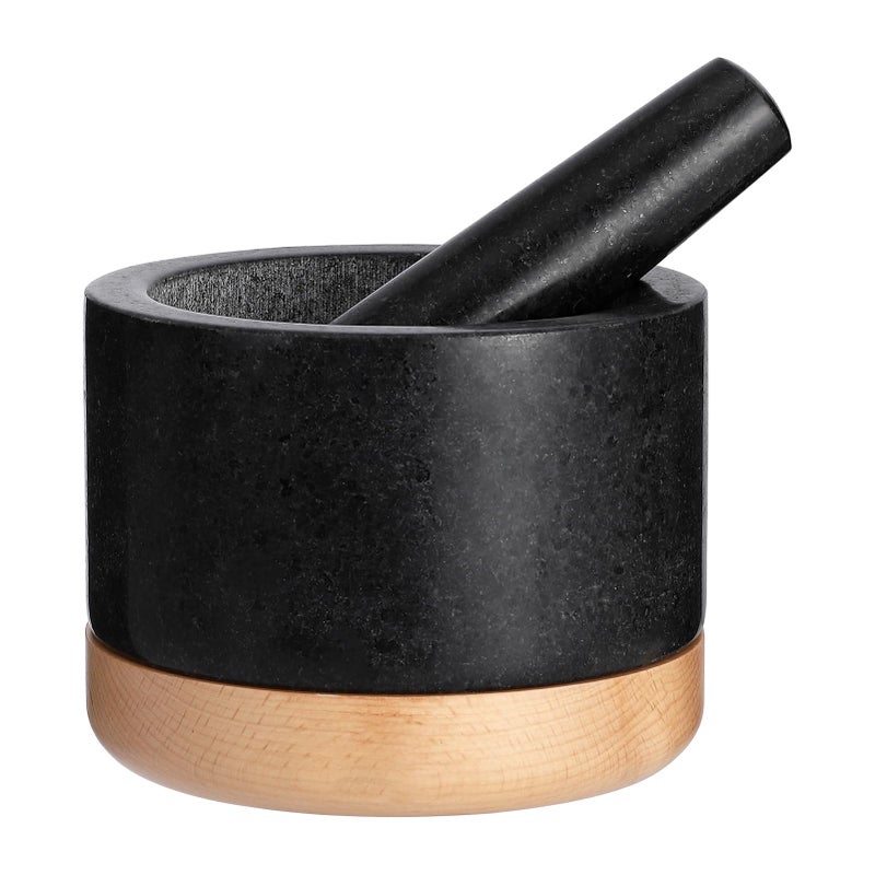 Cibeat Polished Granite Mortar and Pestle Set Stone Grinder Bowl for Grinding Herbs Spices Making Guacamo Salsa Pepper and Nuts Crusher Granite with Wood Base