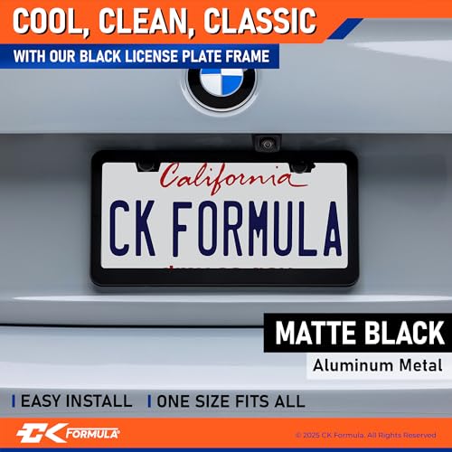 CK FORMULA Premium Matte Black Stainless Steel License Plate Frame – 1-Pack, Rust-Proof, Rattle-Free, Weather-Resistant, Universal Fit for Front or Rear – Slim Top & Wide Bottom Design with Screw Covers - Image 2