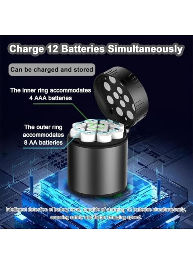 Barakah 12-Slot Battery Charger for Rechargeable AA & AAA Lithium Batteries, USB-C Fast Charging, Independent Slots, LED Indicator, Integrated Charging Storage Box for Home & Travel Use (Black) - Image 2