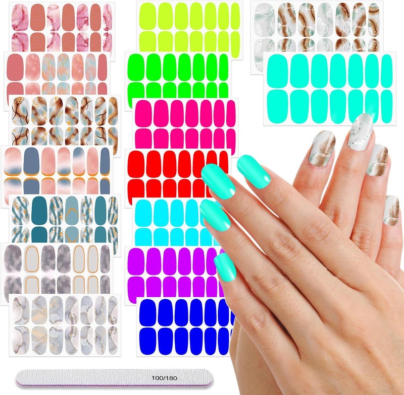 DANNEASY 16 Sheets Nail Polish Strips for Women Girl Marble&Fluorescence Design Nail Polish Stickers Full Nail Wraps Gel Nail Strips Self Adhesive Manicure Sticker with Nail File, Cuticle Stick