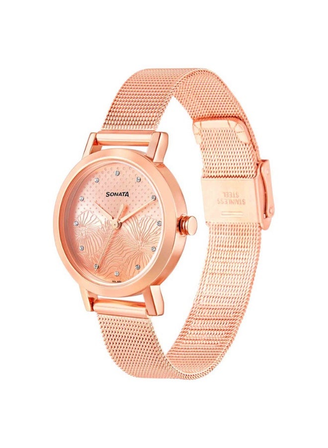 Sonata ساعة لينيا 8174WM02 للنساء – قرص وردي ذهبي، حزام من الفولاذ المقاوم للصدأ، حركة كوارتز، مقاومة للماء حتى 3 ATM - Image 2