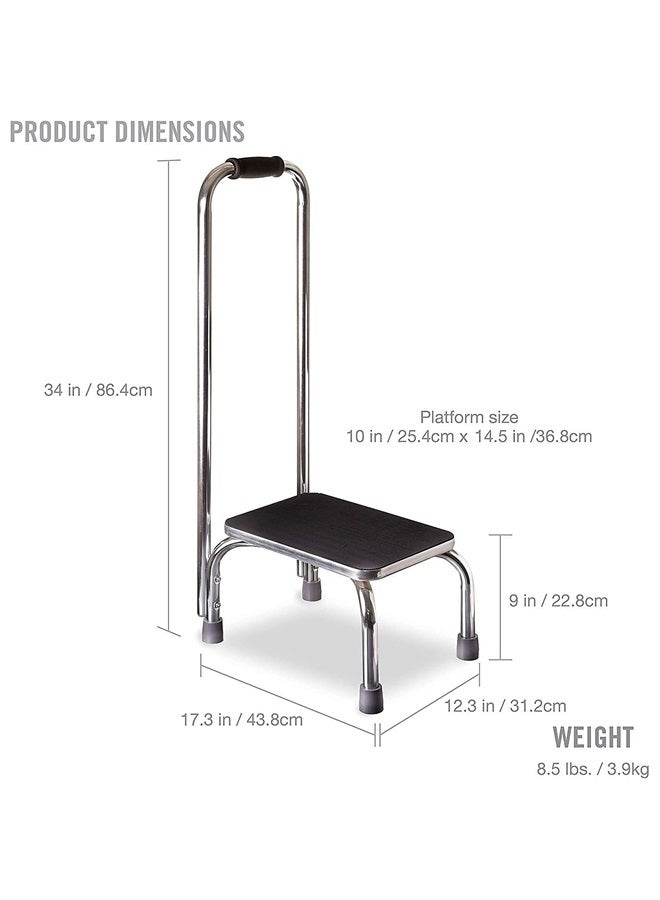 DMI كرسي خطوة مع مقبض وسطح مطاطي غير قابل للانزلاق، كرسي خفيف الوزن وقوي لكبار السن والبالغين والأطفال، يتحمل حتى 300 رطل مع ارتفاع 9.5 بوصة، 17.3" عرض × 12.3" عمق × 34" ارتفاع، كروم - Image 3