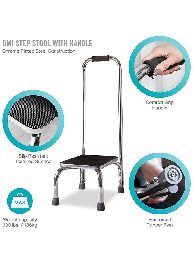 DMI كرسي خطوة مع مقبض وسطح مطاطي غير قابل للانزلاق، كرسي خفيف الوزن وقوي لكبار السن والبالغين والأطفال، يتحمل حتى 300 رطل مع ارتفاع 9.5 بوصة، 17.3" عرض × 12.3" عمق × 34" ارتفاع، كروم - Image 2
