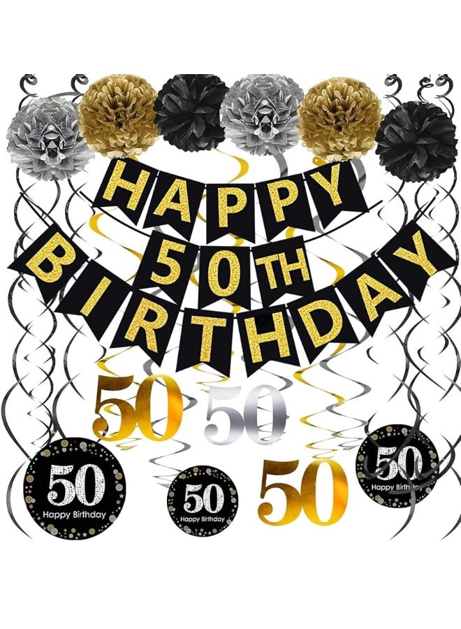 Famoby لافتة عيد ميلاد سعيد 50 مع لمسات ذهبية وسوداء من فاموبي، مجموعة دوامات متلألئة معلقة 50 لعيد الميلاد الخمسين، لوازم زينة الذكرى الخمسين للحفلة - Image 1