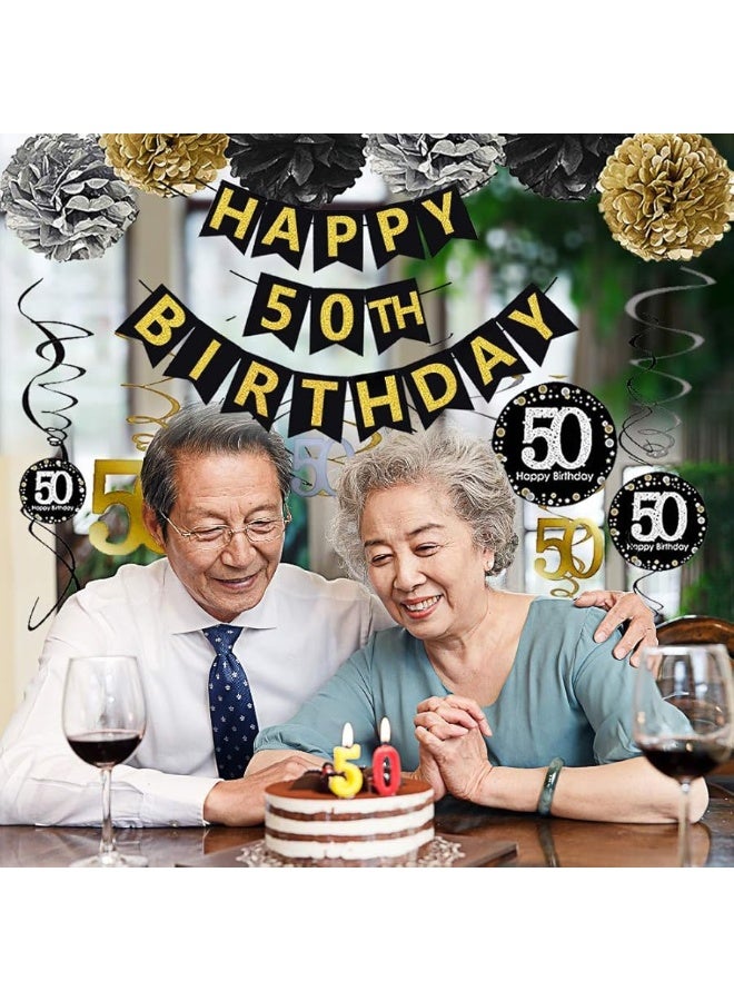 Famoby لافتة عيد ميلاد سعيد 50 مع لمسات ذهبية وسوداء من فاموبي، مجموعة دوامات متلألئة معلقة 50 لعيد الميلاد الخمسين، لوازم زينة الذكرى الخمسين للحفلة - Image 5