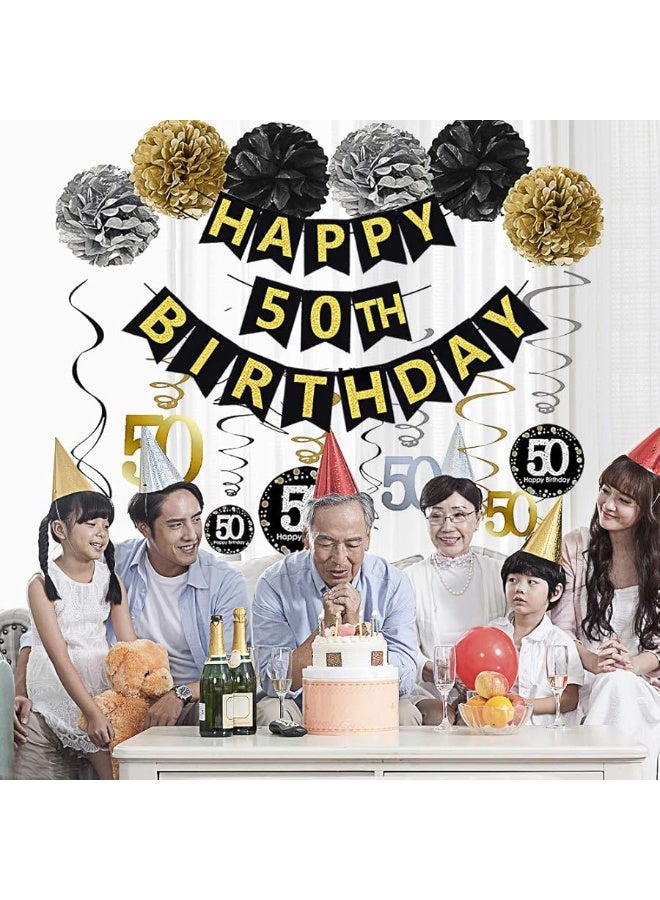 Famoby لافتة عيد ميلاد سعيد 50 مع لمسات ذهبية وسوداء من فاموبي، مجموعة دوامات متلألئة معلقة 50 لعيد الميلاد الخمسين، لوازم زينة الذكرى الخمسين للحفلة - Image 4