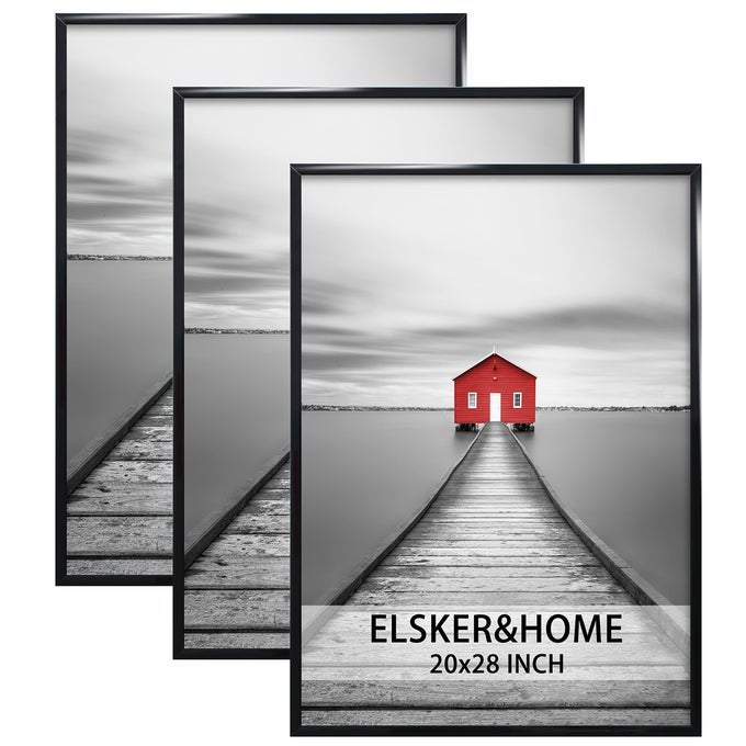ELSKERHOME 20X28 FRAME PICTURE FRAME 3 PACK BLACK POSTER FRAME 20X28 FOR HORIZONTAL OR VERTICAL WALL MOUNTING STURDY AND SCRATCHPROOF