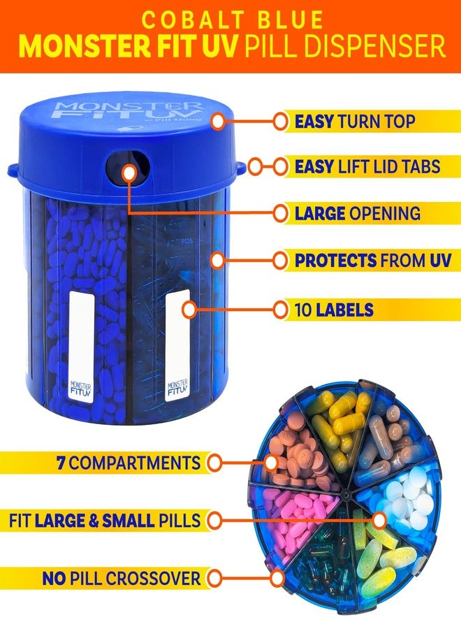 pill thing XL Supplement Dispenser Bottle, 7 Compartment, Labels, Easy Open, Anti-Mixing, UV Protected Organizer, Extra Large Monthly Vitamin, Monster Fit Medication Holder (Cobalt Blue, Large) - Image 3