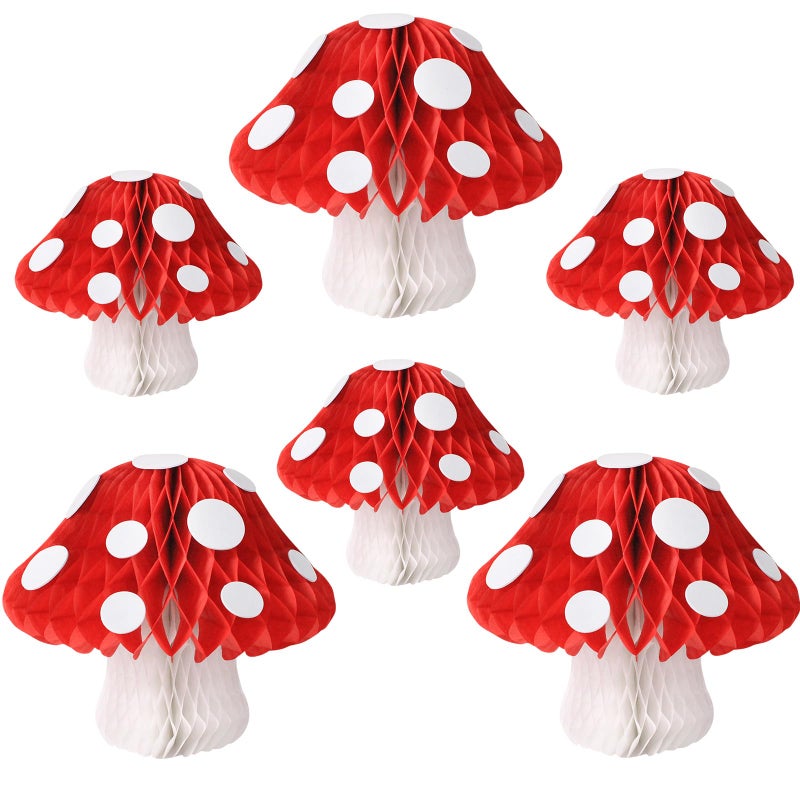 YUNXUAN Mushroom Party Decorations, Mushroom Shaped Honeycomb Paper Lanterns for Birthday Party Garden Room Decor Pack of 6 - Image 1
