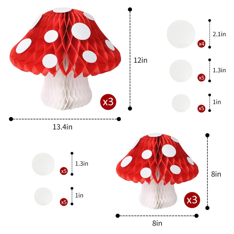 YUNXUAN Mushroom Party Decorations, Mushroom Shaped Honeycomb Paper Lanterns for Birthday Party Garden Room Decor Pack of 6 - Image 2