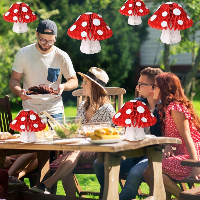 YUNXUAN Mushroom Party Decorations, Mushroom Shaped Honeycomb Paper Lanterns for Birthday Party Garden Room Decor Pack of 6 - Image 3