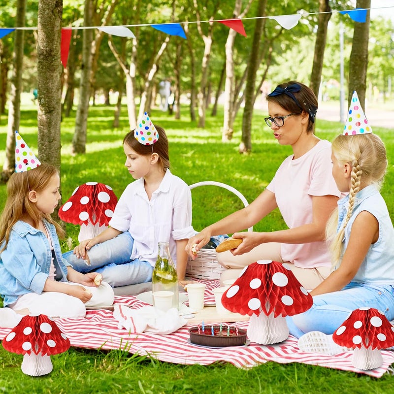 YUNXUAN Mushroom Party Decorations, Mushroom Shaped Honeycomb Paper Lanterns for Birthday Party Garden Room Decor Pack of 6 - Image 5
