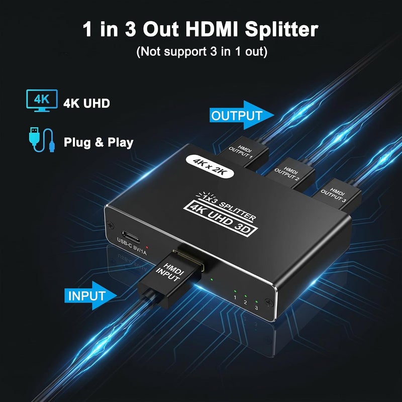 موزع HDMI 1 مدخل و3 مخارج، موزع HDMI بدقة 4K لثلاث شاشات، موزع HDMI ينسخ مصدر واحد إلى 3 شاشات في نفس الوقت للتلفزيون/الشاشة/البروجيكتور/PS5/اللابتوب/جهاز الاستقبال (يجب توصيل كابل الطاقة) - Image 3