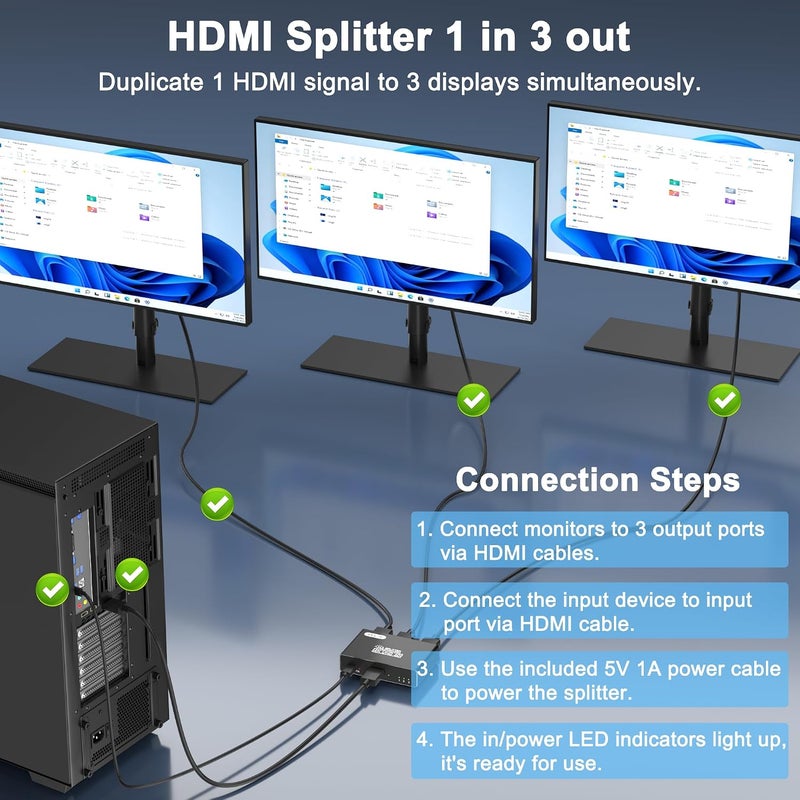 موزع HDMI 1 مدخل و3 مخارج، موزع HDMI بدقة 4K لثلاث شاشات، موزع HDMI ينسخ مصدر واحد إلى 3 شاشات في نفس الوقت للتلفزيون/الشاشة/البروجيكتور/PS5/اللابتوب/جهاز الاستقبال (يجب توصيل كابل الطاقة) - Image 2