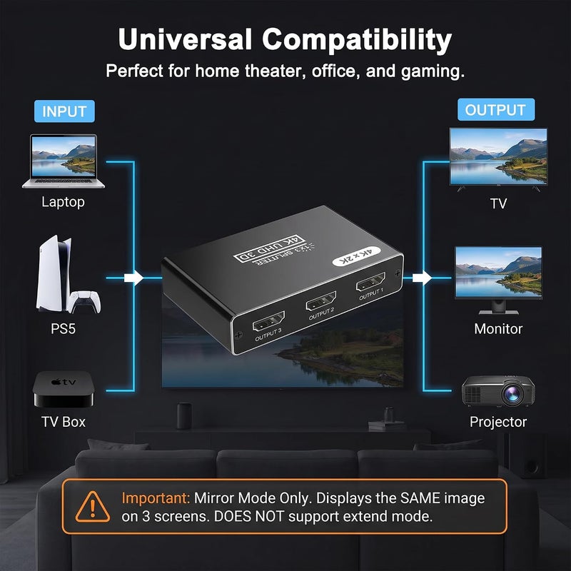 موزع HDMI 1 مدخل و3 مخارج، موزع HDMI بدقة 4K لثلاث شاشات، موزع HDMI ينسخ مصدر واحد إلى 3 شاشات في نفس الوقت للتلفزيون/الشاشة/البروجيكتور/PS5/اللابتوب/جهاز الاستقبال (يجب توصيل كابل الطاقة) - Image 5