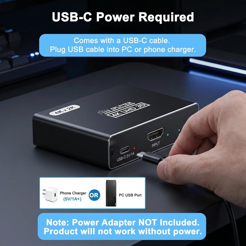 موزع HDMI 1 مدخل و3 مخارج، موزع HDMI بدقة 4K لثلاث شاشات، موزع HDMI ينسخ مصدر واحد إلى 3 شاشات في نفس الوقت للتلفزيون/الشاشة/البروجيكتور/PS5/اللابتوب/جهاز الاستقبال (يجب توصيل كابل الطاقة) - Image 4
