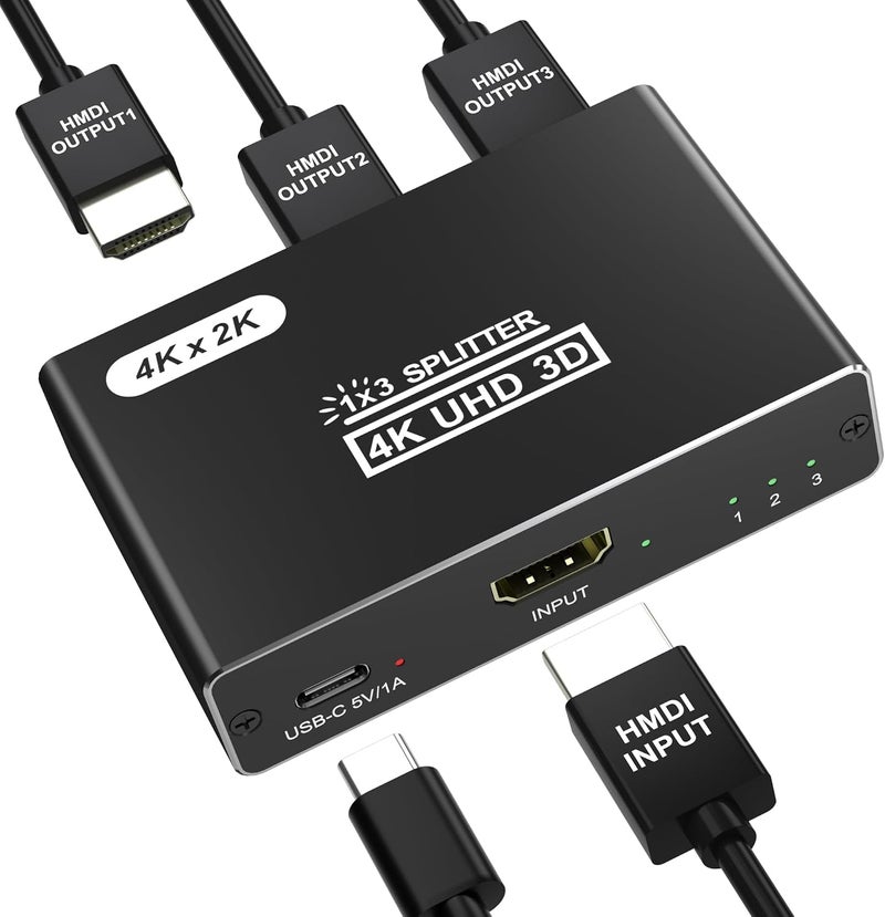 موزع HDMI 1 مدخل و3 مخارج، موزع HDMI بدقة 4K لثلاث شاشات، موزع HDMI ينسخ مصدر واحد إلى 3 شاشات في نفس الوقت للتلفزيون/الشاشة/البروجيكتور/PS5/اللابتوب/جهاز الاستقبال (يجب توصيل كابل الطاقة) - Image 1