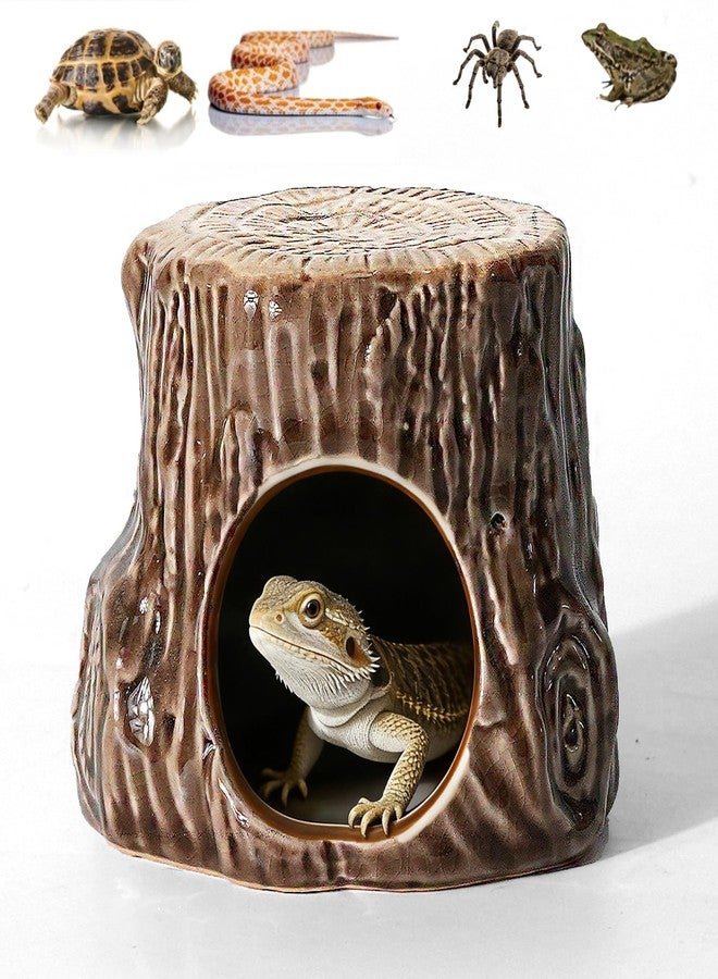 Deapeey Reptile Hideout -Ceramic Green Tree Stump - Humid Cave for Leopard Geckos, Small Lizards & Snakes | Natural Terrarium Habitat Decor, Safe Pet Hiding Shelter (3.94in) - Image 1