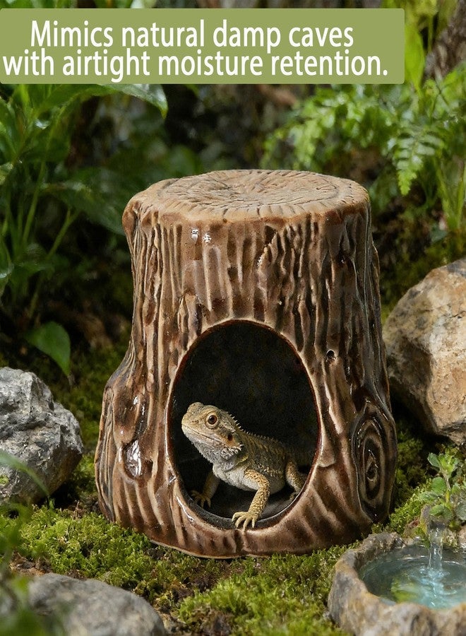 Deapeey Reptile Hideout -Ceramic Green Tree Stump - Humid Cave for Leopard Geckos, Small Lizards & Snakes | Natural Terrarium Habitat Decor, Safe Pet Hiding Shelter (3.94in) - Image 4