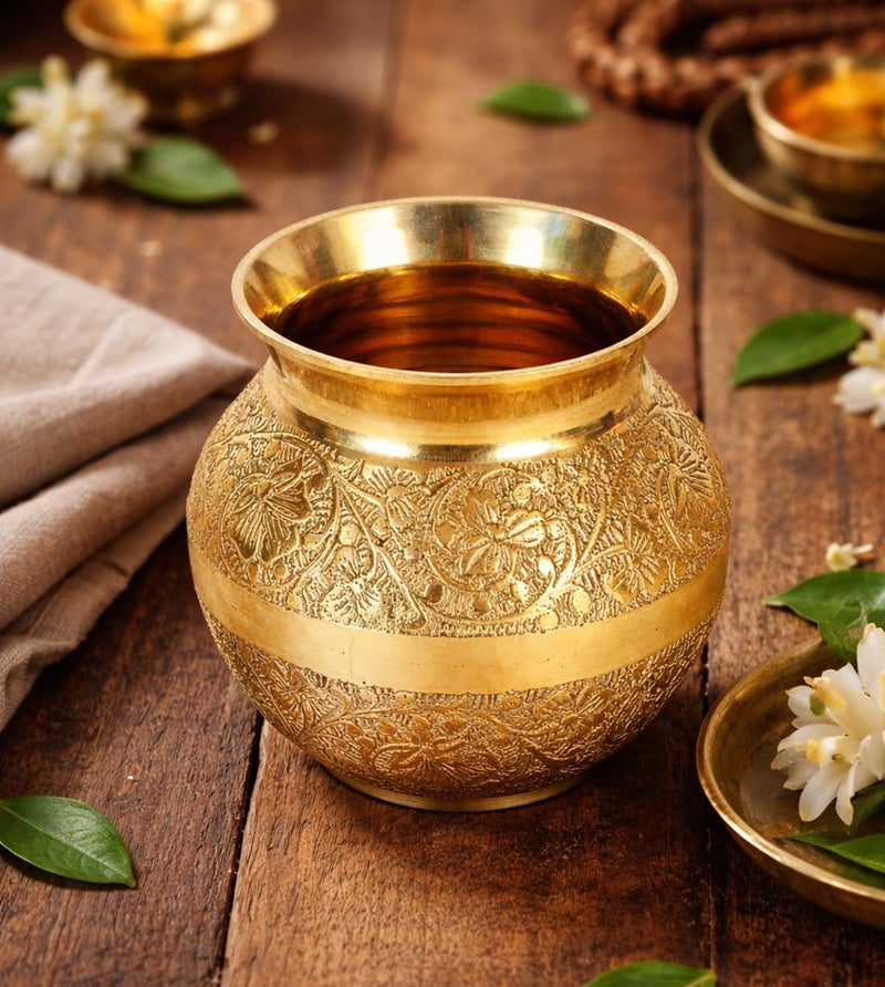 Mkd2 Rise Pure Brass Lota for Puja, Brass Kalash for Pooja (200 ml, 1 Piece) Handcrafted Floral Design Brass Vessel for Home Temple, Jal Arpan, Festivals, Wedding & Religious Rituals - Image 5