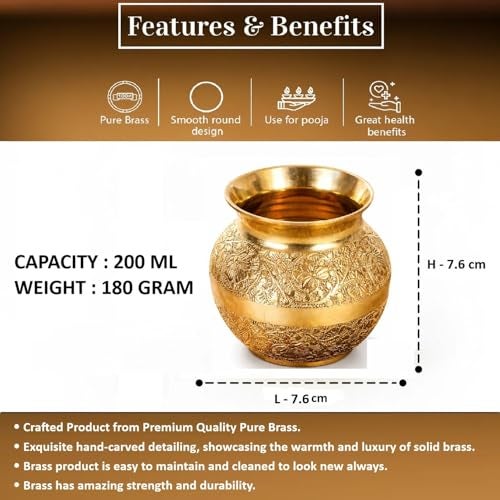 Mkd2 Rise Pure Brass Lota for Puja, Brass Kalash for Pooja (200 ml, 1 Piece) Handcrafted Floral Design Brass Vessel for Home Temple, Jal Arpan, Festivals, Wedding & Religious Rituals - Image 3
