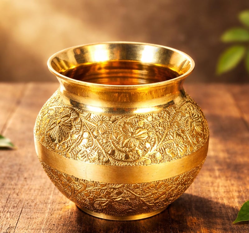 Mkd2 Rise Pure Brass Lota for Puja, Brass Kalash for Pooja (200 ml, 1 Piece) Handcrafted Floral Design Brass Vessel for Home Temple, Jal Arpan, Festivals, Wedding & Religious Rituals - Image 1