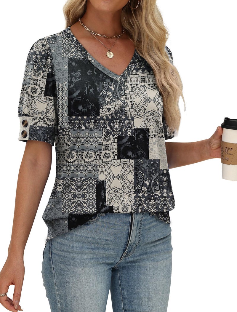 OFEEFAN Boho Tops for Women Summer Shirts Short Sleeve Spring Break Clothes Business Work Blouses Dressy Casual Plus Size Fashion Clothing Charcoal Grey 3XL - Image 3