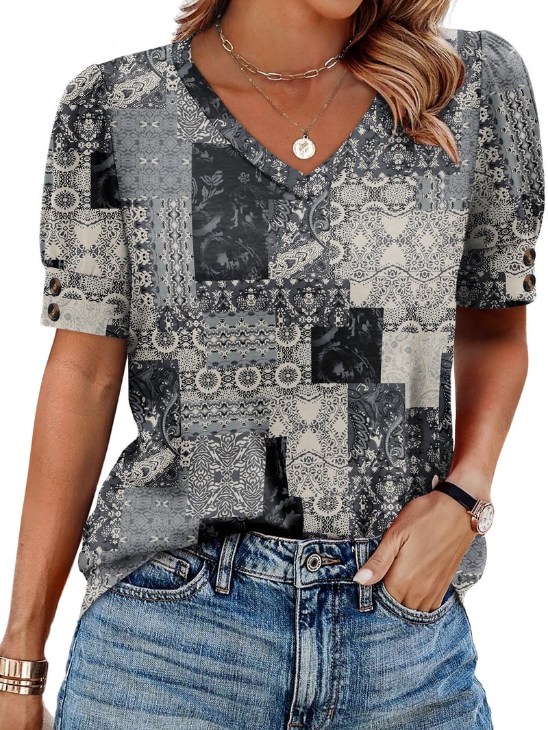 OFEEFAN Boho Tops for Women Summer Shirts Short Sleeve Spring Break Clothes Business Work Blouses Dressy Casual Plus Size Fashion Clothing Charcoal Grey 3XL - Image 1