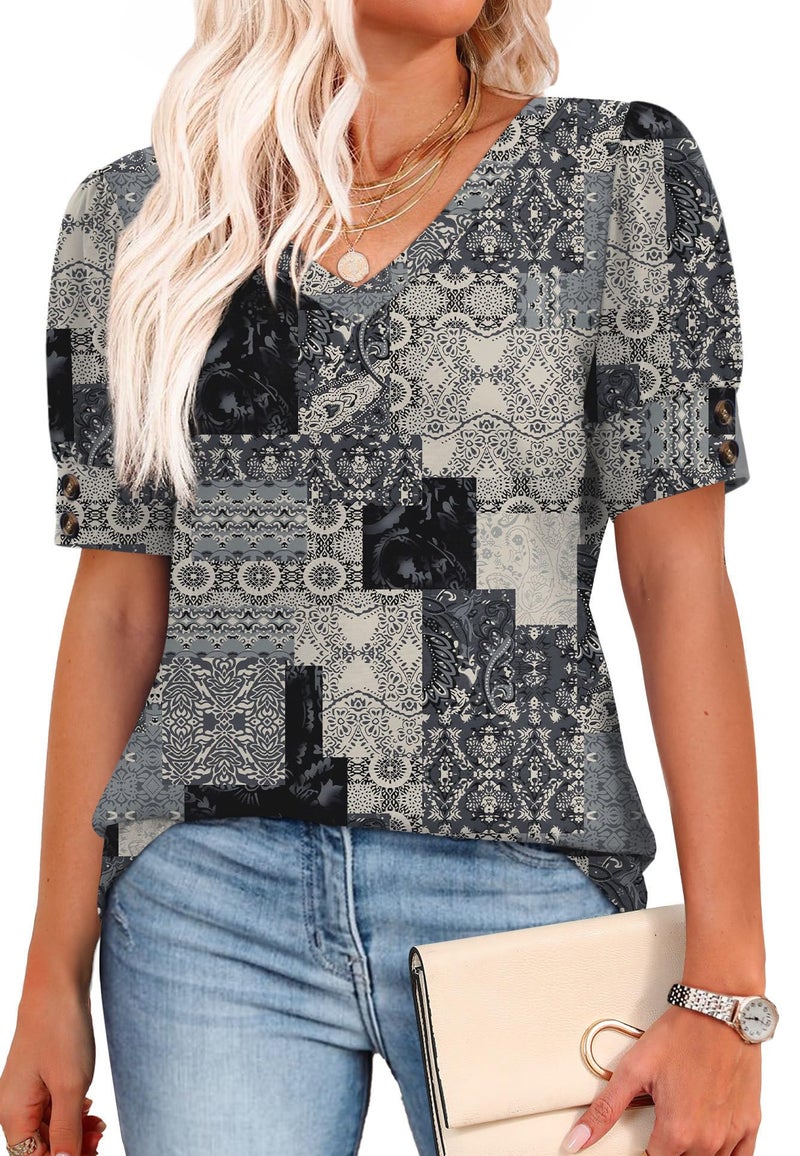 OFEEFAN Boho Tops for Women Summer Shirts Short Sleeve Spring Break Clothes Business Work Blouses Dressy Casual Plus Size Fashion Clothing Charcoal Grey 3XL - Image 4
