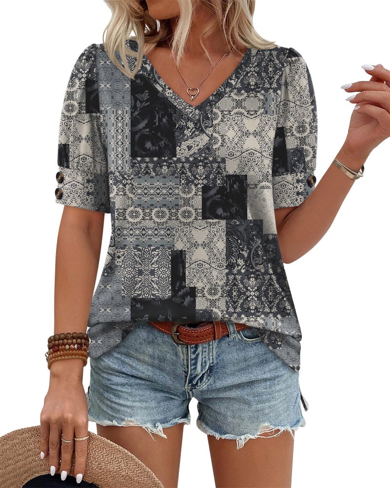 OFEEFAN Boho Tops for Women Summer Shirts Short Sleeve Spring Break Clothes Business Work Blouses Dressy Casual Plus Size Fashion Clothing Charcoal Grey 3XL - Image 2