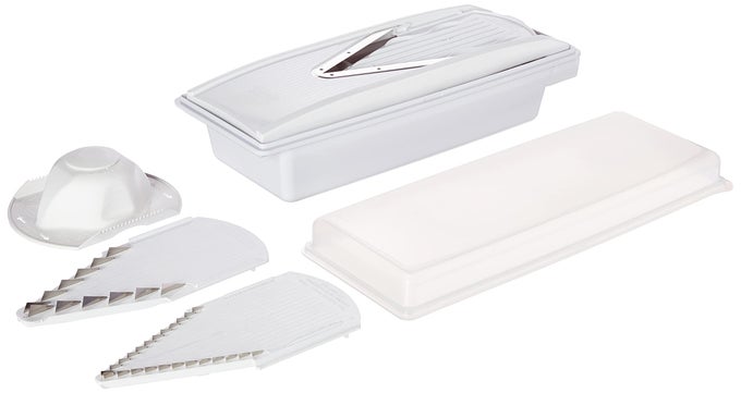 VPREP MANDOLINE SLICER VERSATILE KITCHEN SLICER FOR JULIENNE SHRED CUBE SLICE INCLUDES MULTIFUNCTION BOWL SAFETY HOLDER ESSENTIAL KITCHEN GADGET WHITE