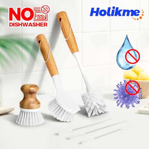 Holikme 6 Pack Dish Brush Kitchen Brushes with Bottle Brush, Dish Brush, Palm Scrub Brush and Straw Brush, Fruit Vegetable Cleaning Brushes, Long Handle for Skillet Wok Pot Pan Cast Iron, Dark Gray - Image 5
