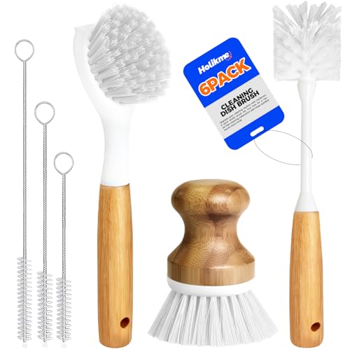 Holikme 6 Pack Dish Brush Kitchen Brushes with Bottle Brush, Dish Brush, Palm Scrub Brush and Straw Brush, Fruit Vegetable Cleaning Brushes, Long Handle for Skillet Wok Pot Pan Cast Iron, Dark Gray - Image 1