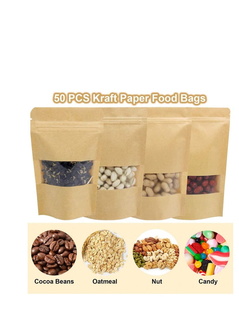 SYOSI أكياس ورق كرافت 25 قطعة من أكياس الطعام القائمة، أكياس ورق كرافت قابلة لإعادة الاستخدام مع نافذة شفافة للمكسرات وحبوب القهوة وأوراق الشاي والتوابل - Image 2