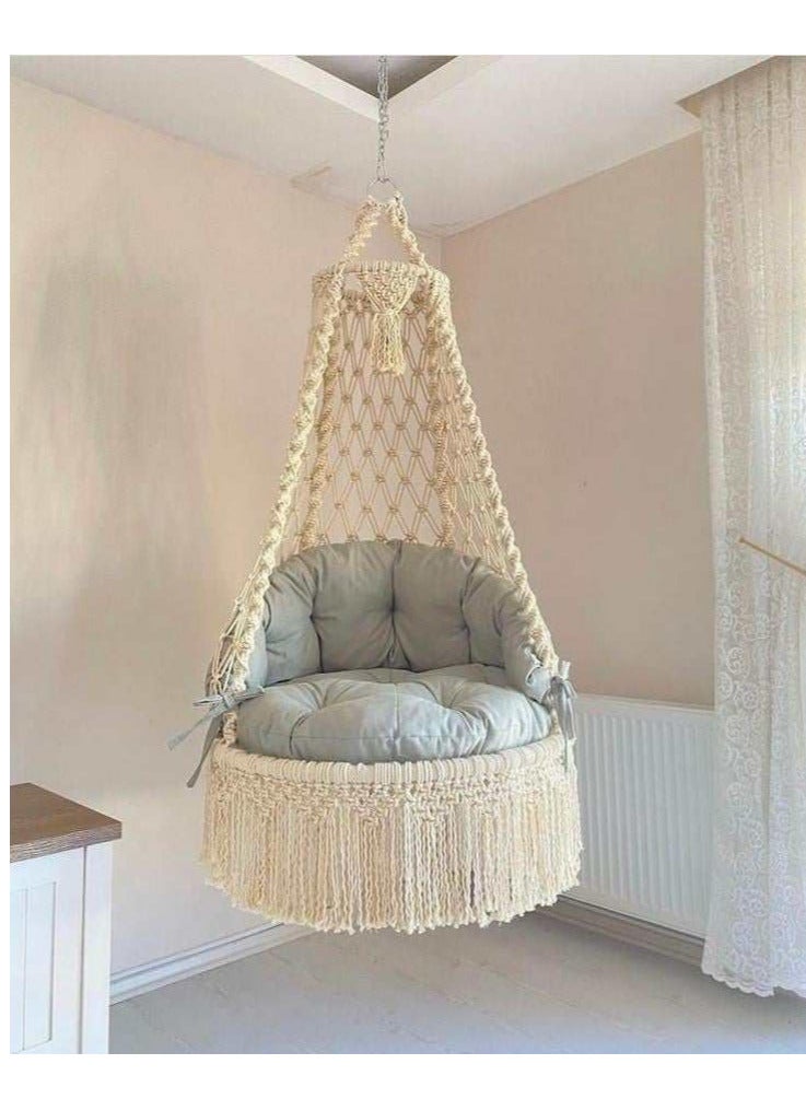 أرجوحة ملكية معلقة من المكرمية (وسادات بيضاء فاتحة) - Image 5