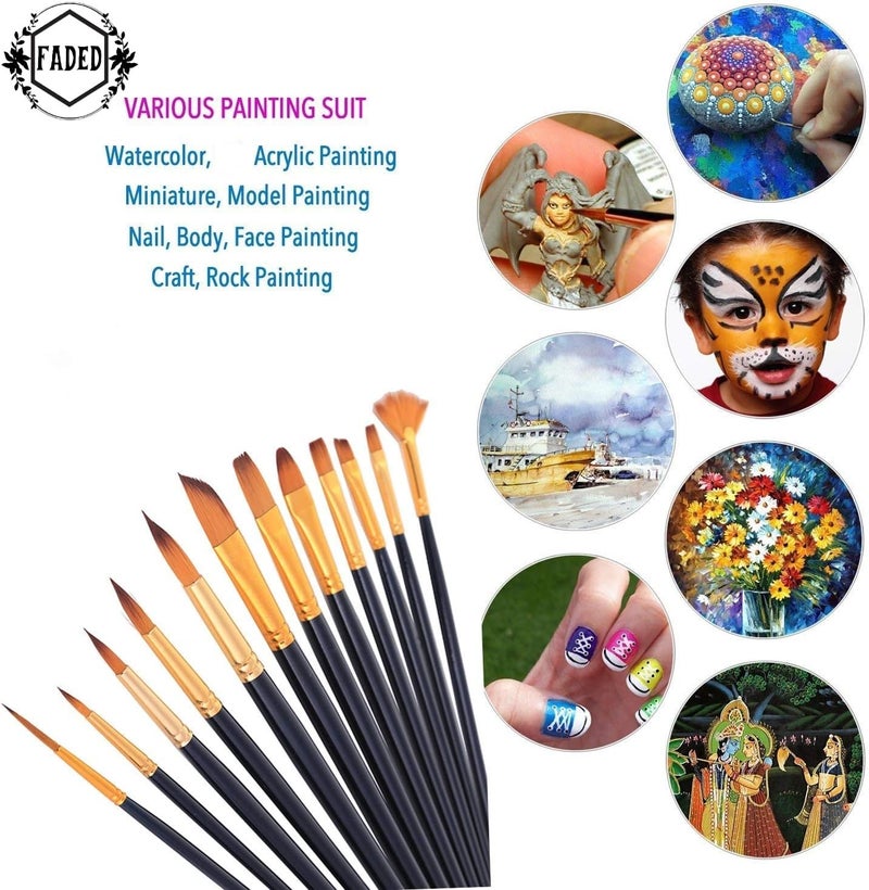 Faded Professional Paint Brush Set – Assorted Wide & Fine Tip Brushes with Soft Nylon Bristles for Acrylic, Watercolor, Oil & Gouache | Versatile Artist Brushes for Detailing, Blending (12 Pcs) - Image 3