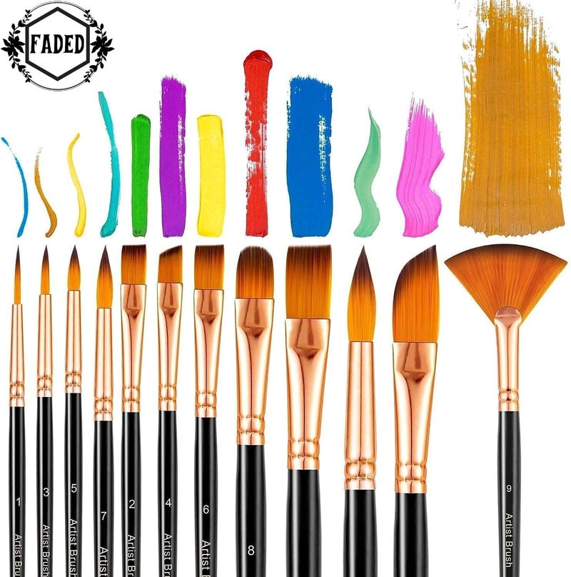 Faded Professional Paint Brush Set – Assorted Wide & Fine Tip Brushes with Soft Nylon Bristles for Acrylic, Watercolor, Oil & Gouache | Versatile Artist Brushes for Detailing, Blending (12 Pcs) - Image 2