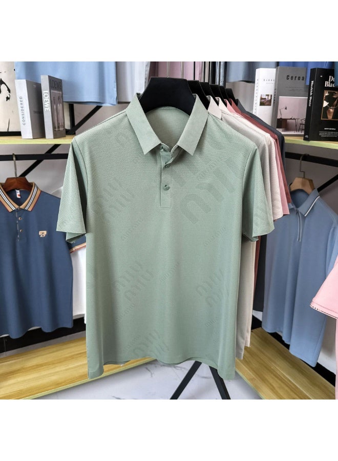 Summer  Men's Ice Silk Short Sleeve T-Shirt Casual Fashion Solid Color Business Collar Mulberry Silk Top Male - Image 1